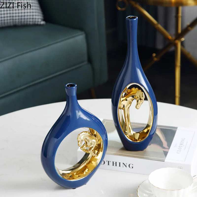 Ceramic Golden Horse Hollow Vase